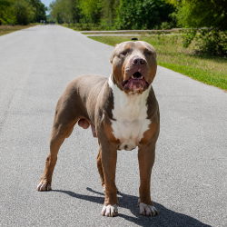 Bullet is a lilac tri XL American Bully stud produced by Big O Bullies of Florida